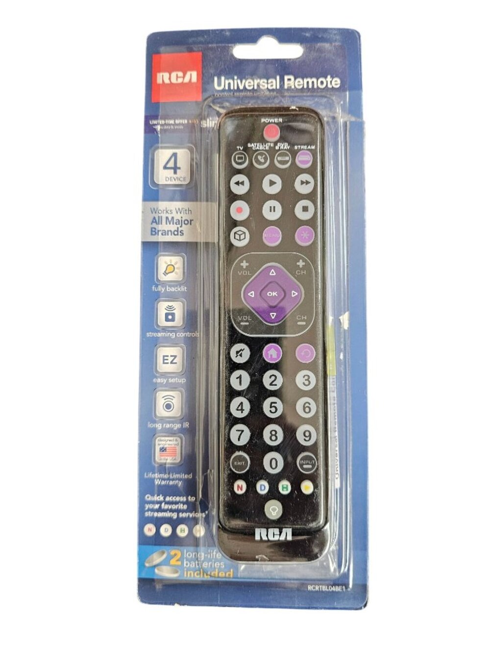 RCA Universal Remote Control 4 Device Black Fully Backlit Streaming Compatible E